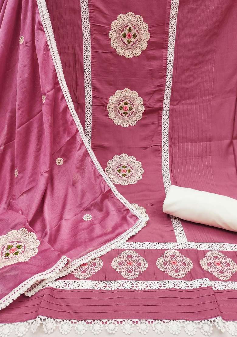 Pink Embroidered Silk Blend Straight Kurta Set - Indya