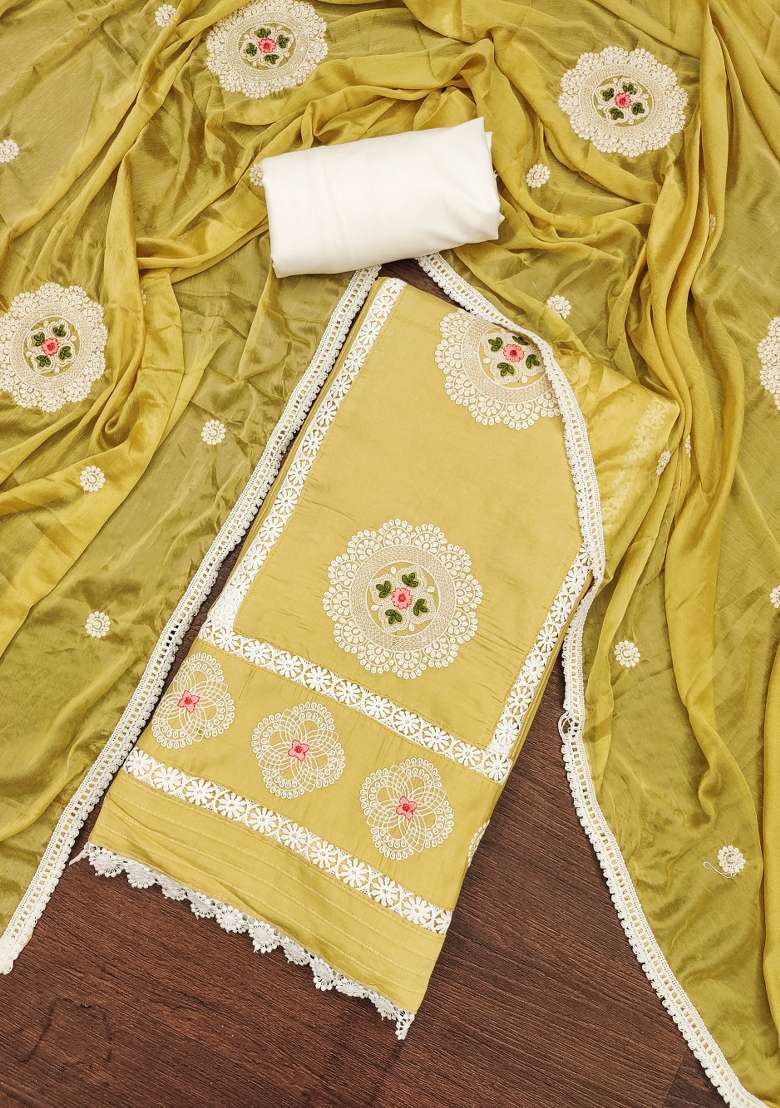 Yellow Embroidered Silk Dress Material - Indya