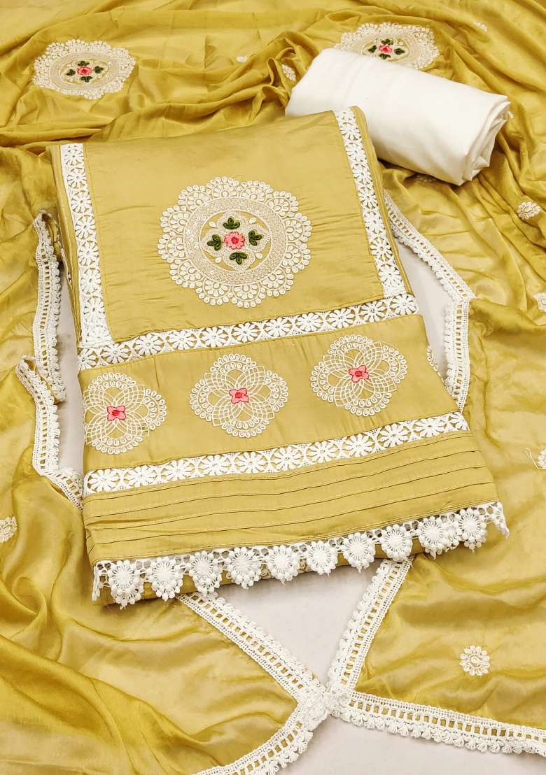 Yellow Embroidered Silk Dress Material - Indya
