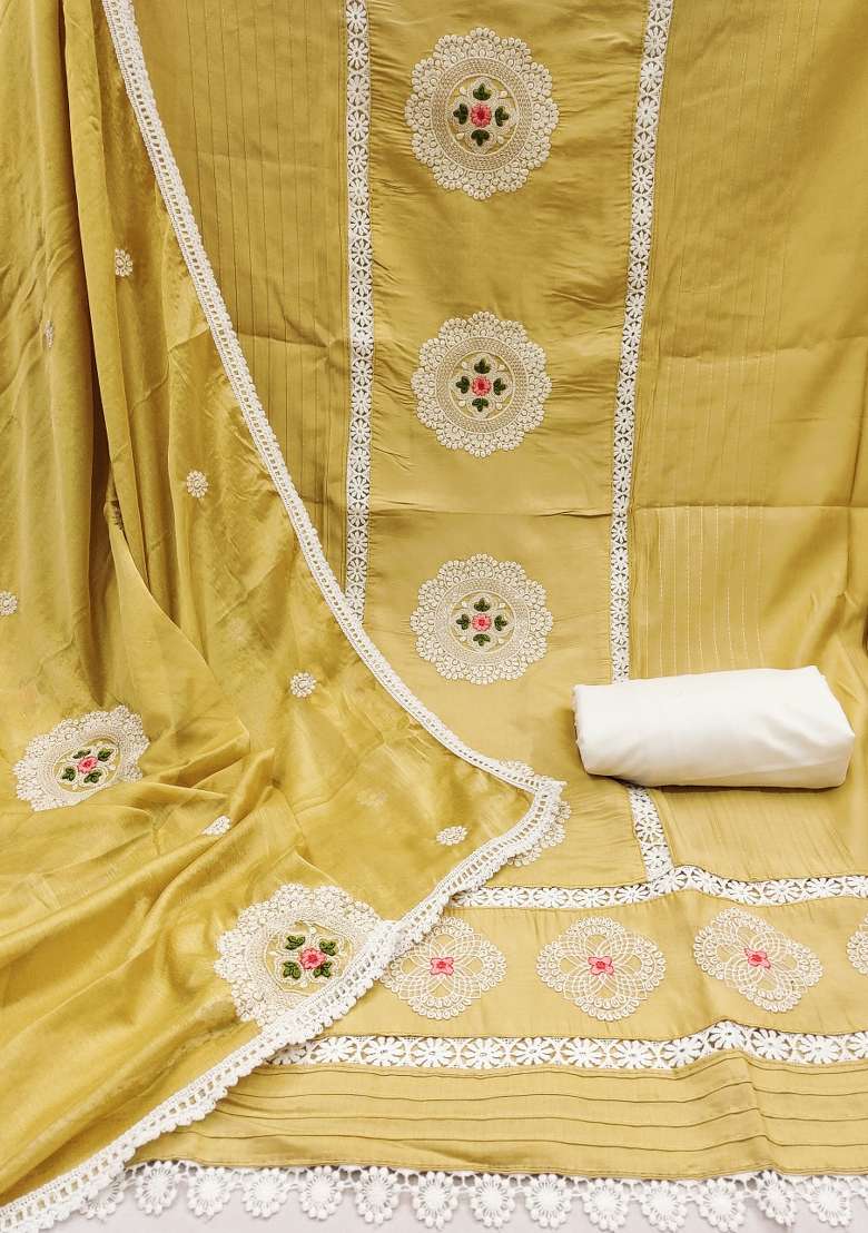 Yellow Embroidered Silk Dress Material - Indya