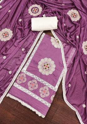 Purple Embroidered Silk Dress Material