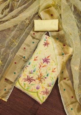 Yellow Embroidered Oragnza Dress Material