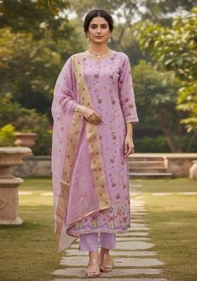 Baby Pink Embroidered Oragnza Dress Material