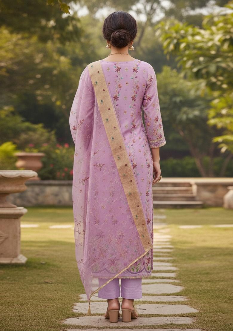 Baby Pink Embroidered Oragnza Dress Material - Indya