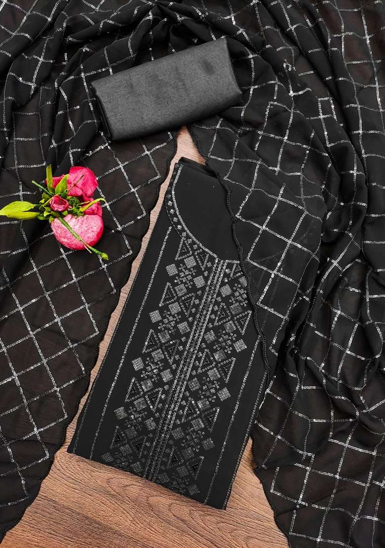 Black Embroidered Georgette Dress Material - Indya