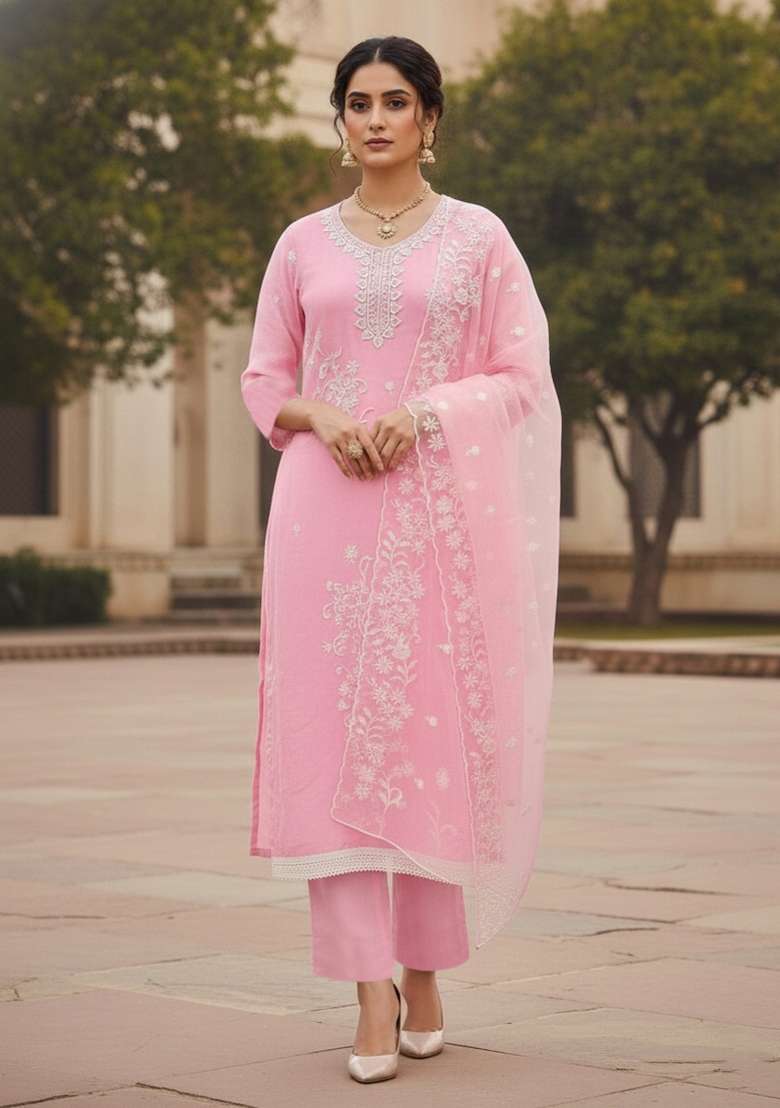 Baby Pink Embroidered Organza Straight Kurta Set - Indya