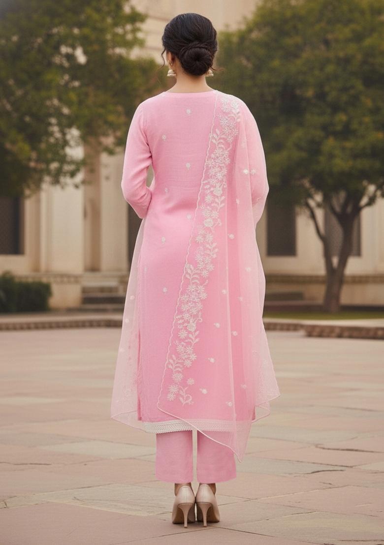 Baby Pink Embroidered Oragnza Dress Material - Indya