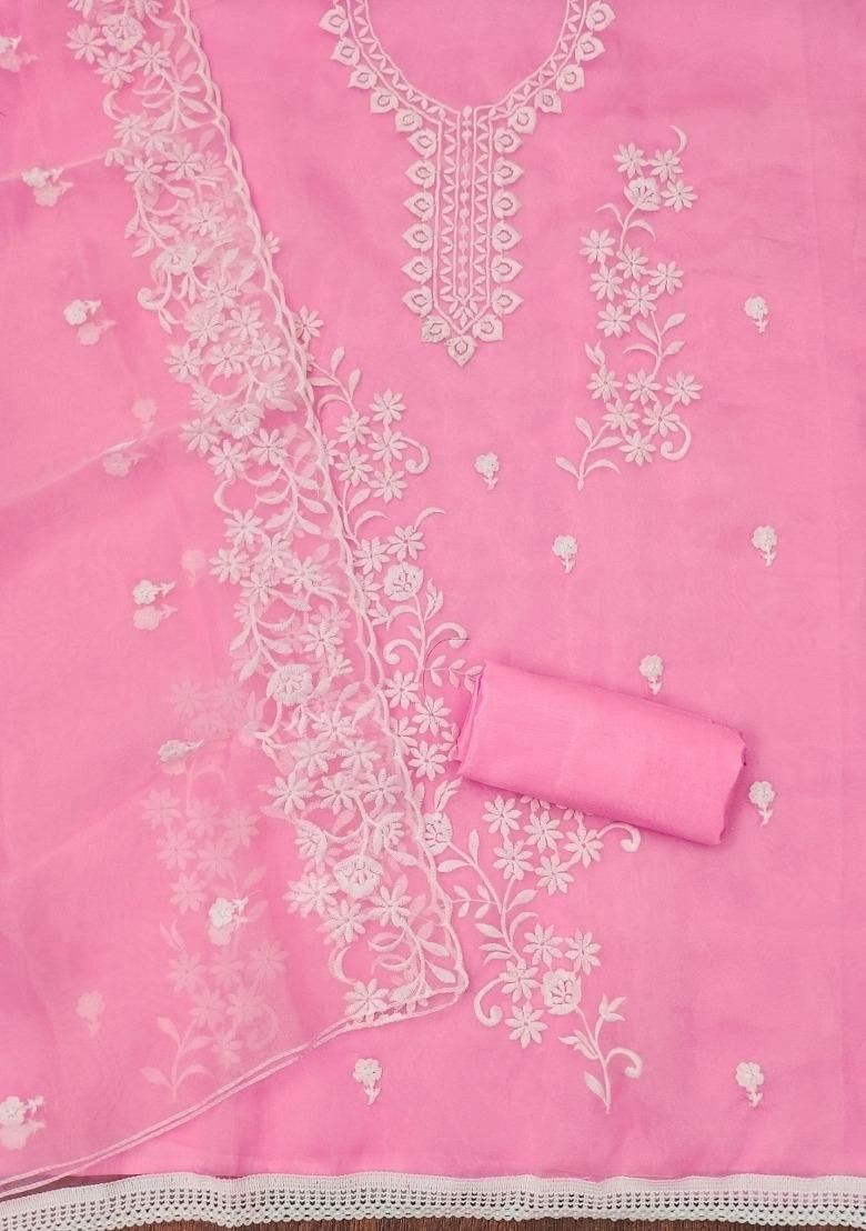 Baby Pink Embroidered Oragnza Dress Material - Indya