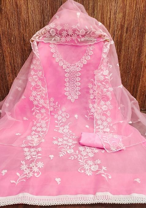 Baby Pink Embroidered Oragnza Dress Material