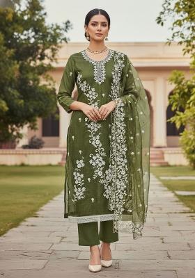 Mehandi Embroidered Oragnza Dress Material