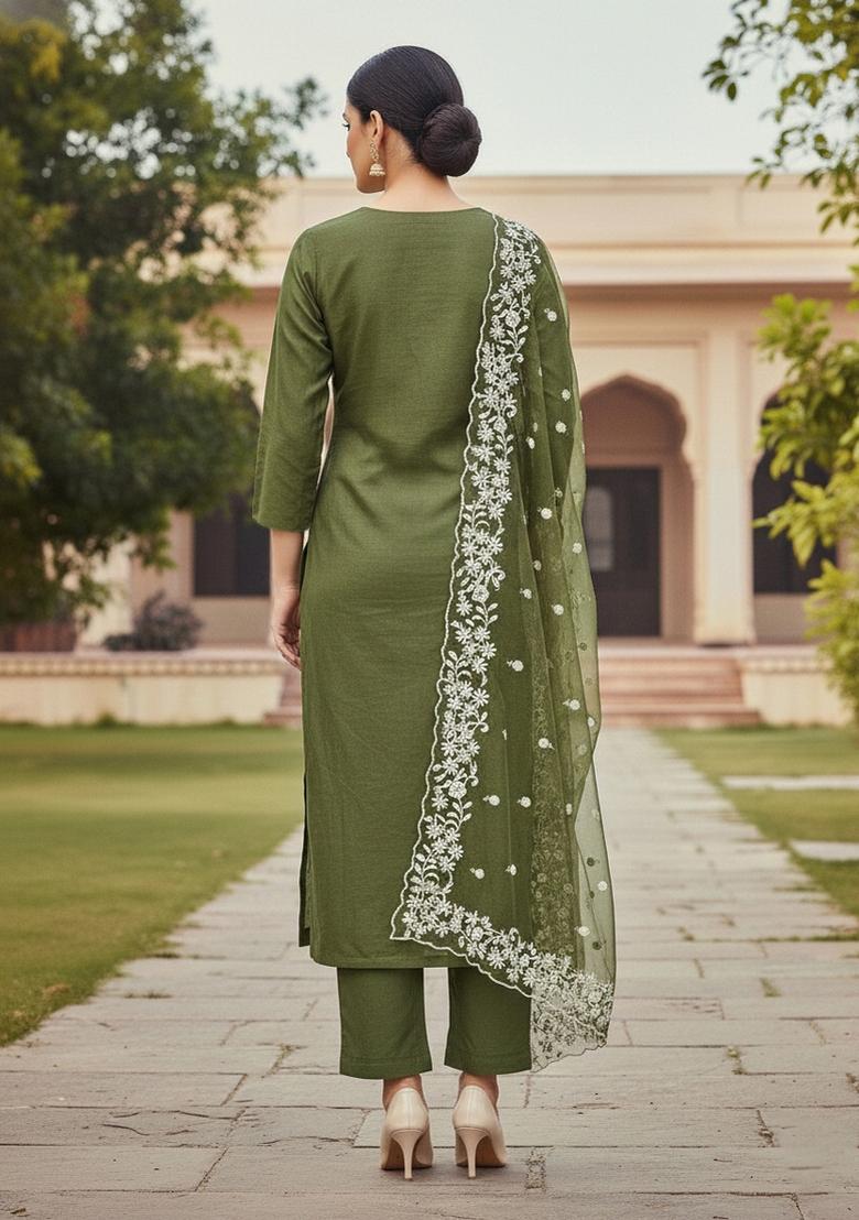 Mehandi Embroidered Oragnza Dress Material - Indya