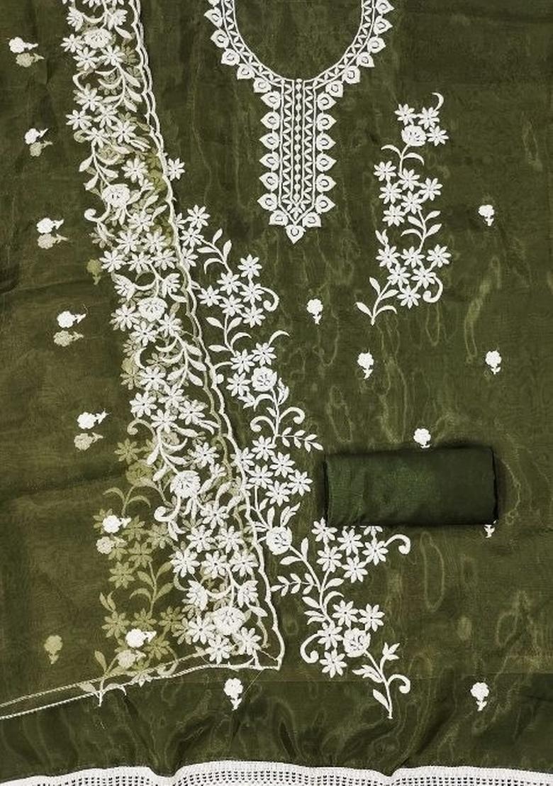 Mehandi Embroidered Oragnza Dress Material - Indya