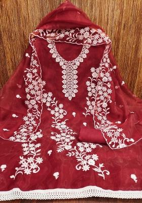 Rust Embroidered Oragnza Dress Material