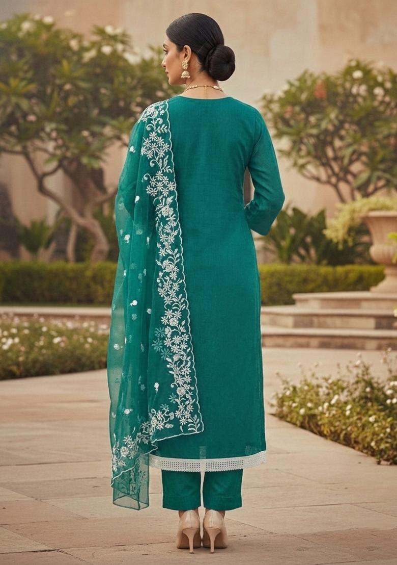 Sea Green Embroidered Oragnza Dress Material - Indya
