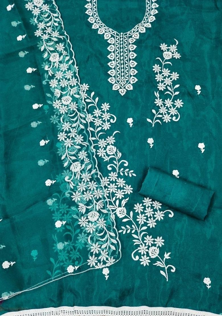 Sea Green Embroidered Oragnza Dress Material - Indya
