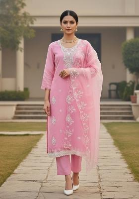 Baby Pink Embroidered Oragnza Dress Material