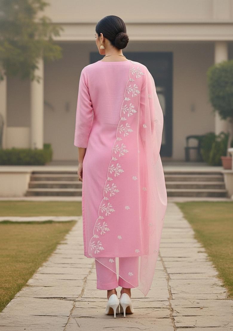 Baby Pink Embroidered Oragnza Dress Material - Indya