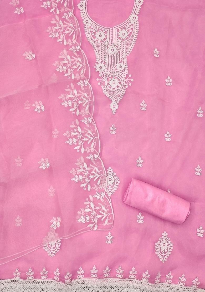 Baby Pink Embroidered Oragnza Dress Material - Indya