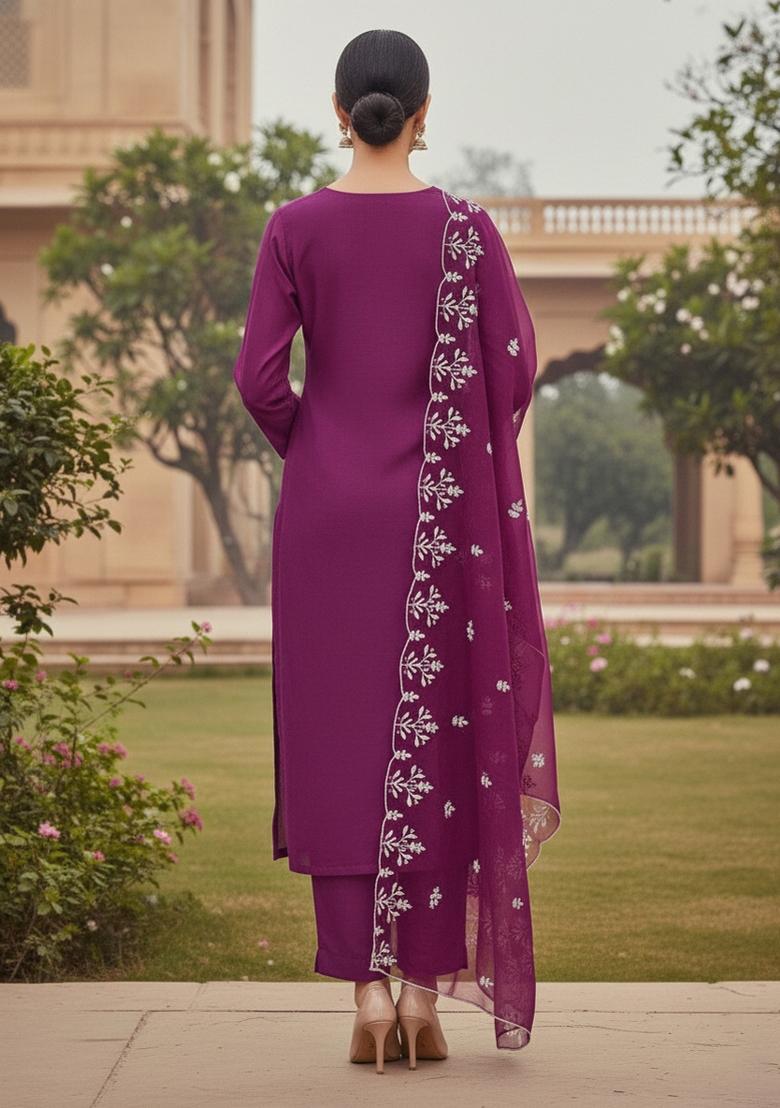Purple Embroidered Oragnza Dress Material - Indya