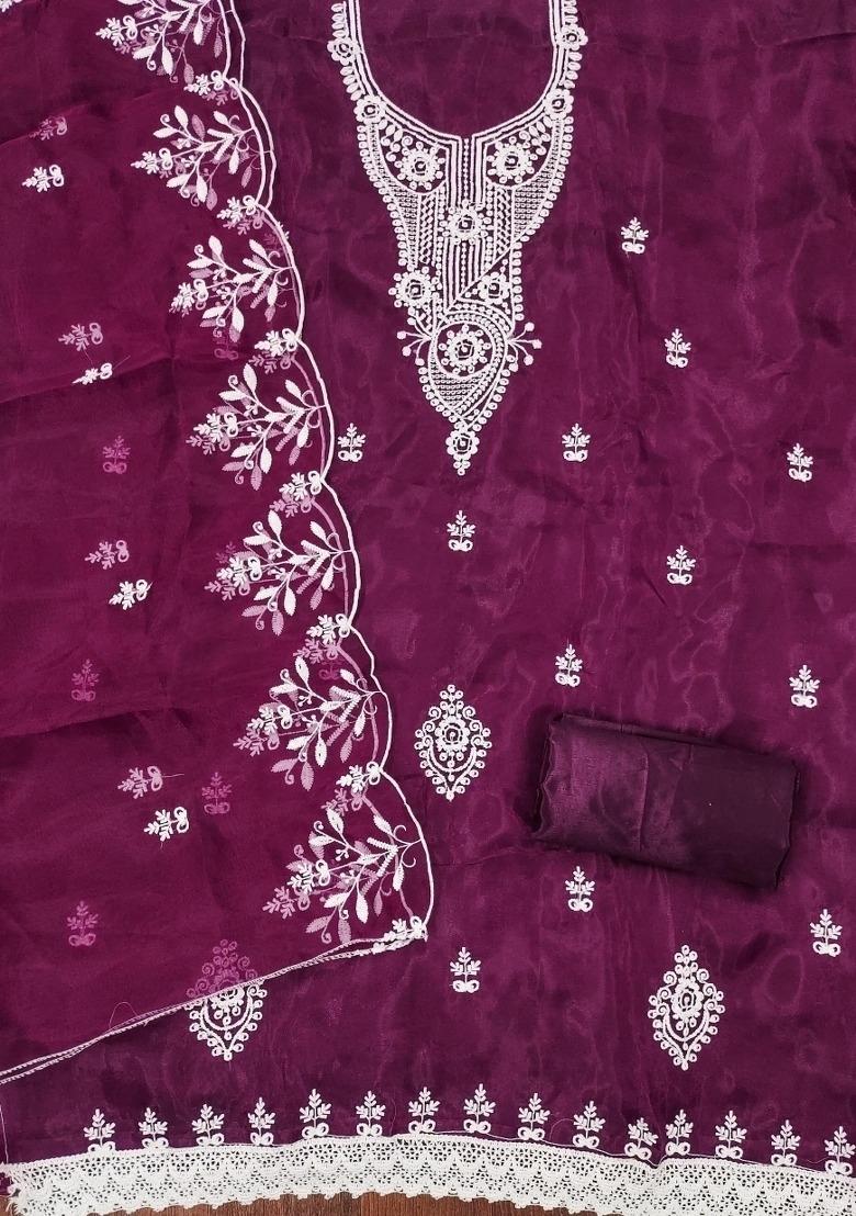 Purple Embroidered Oragnza Dress Material - Indya