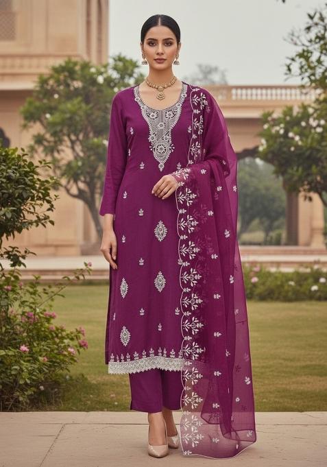 Purple Embroidered Oragnza Dress Material