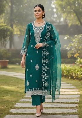 Sea Green Embroidered Oragnza Dress Material
