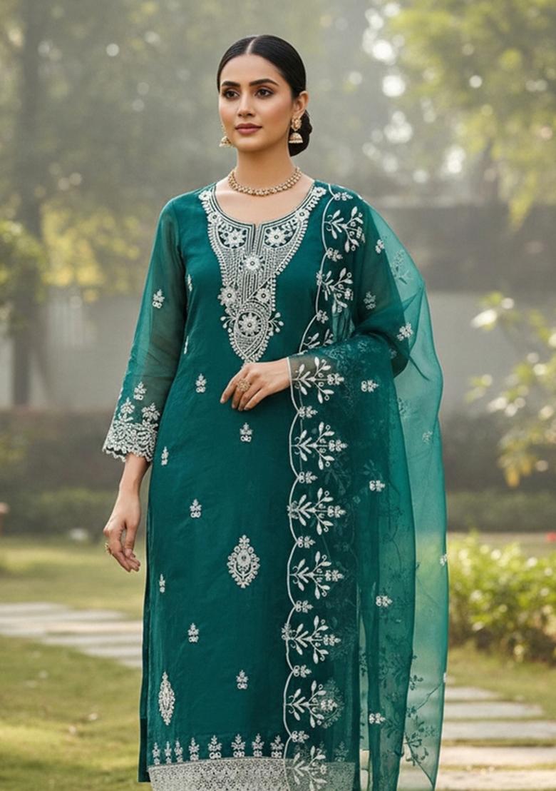 Sea Green Embroidered Oragnza Dress Material - Indya