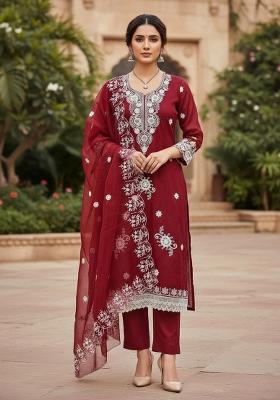 Red Embroidered Oragnza Dress Material