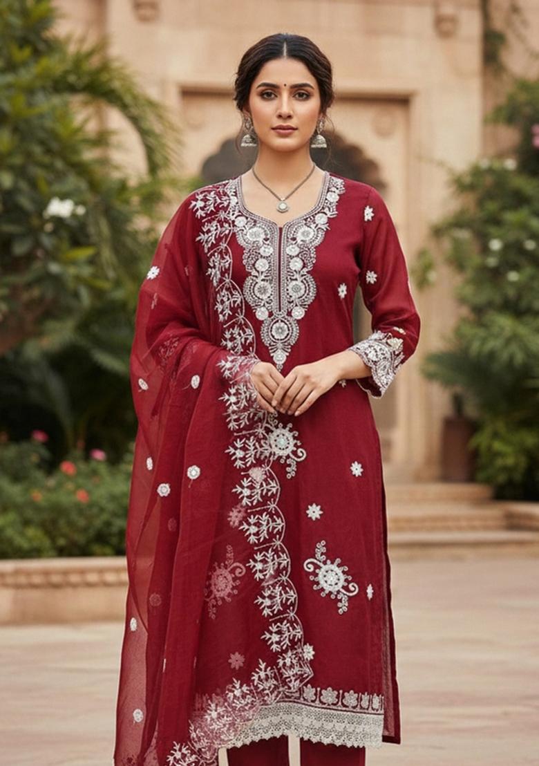 Red Embroidered Oragnza Dress Material - Indya