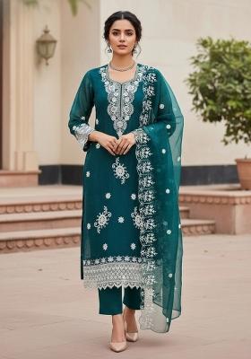 Teal Embroidered Oragnza Dress Material