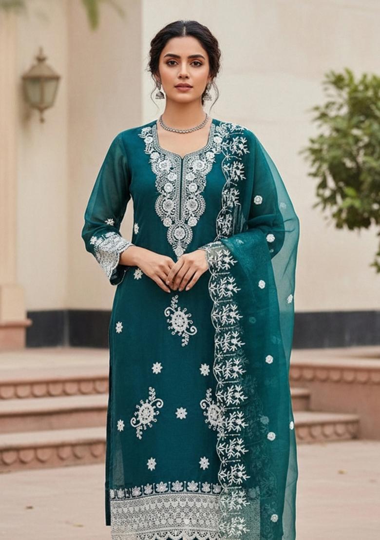 Teal Embroidered Oragnza Dress Material - Indya