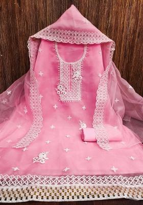 Baby Pink Embroidered Oragnza Dress Material