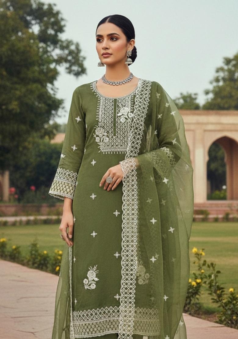 Olive Embroidered Oragnza Dress Material - Indya