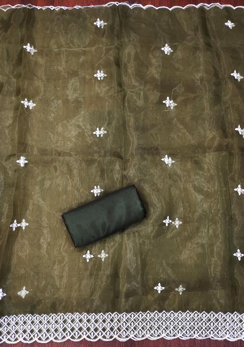 Olive Embroidered Oragnza Dress Material - Indya
