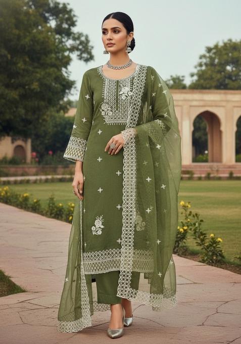 Olive Embroidered Oragnza Dress Material