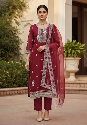 Rust Embroidered Oragnza Dress Material