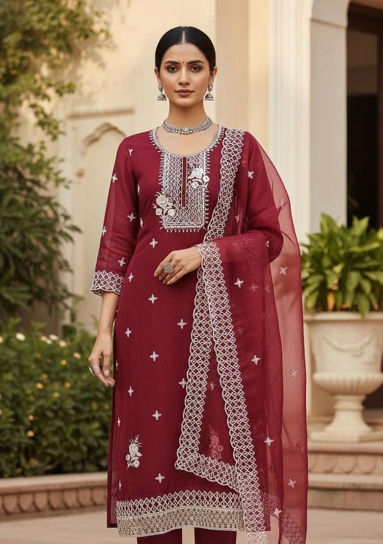 Rust Embroidered Oragnza Dress Material - Indya