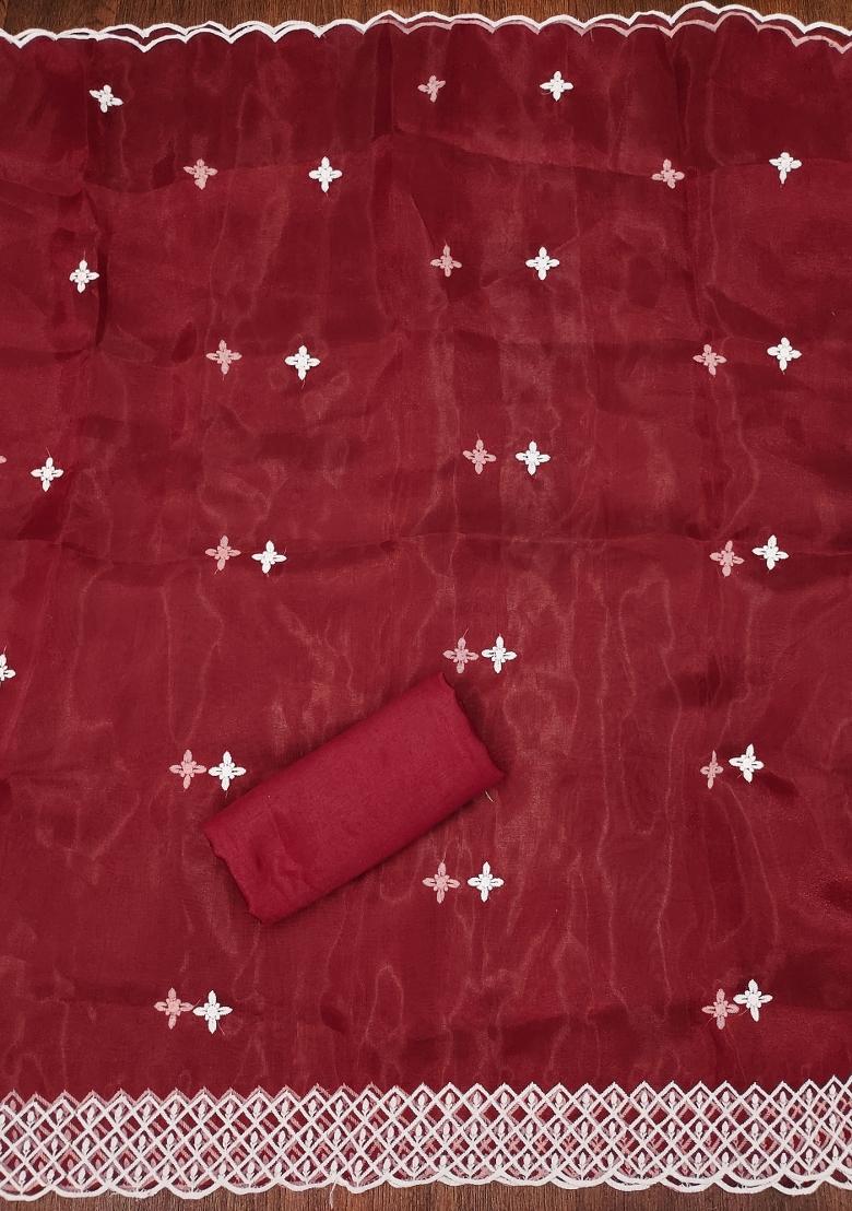 Rust Embroidered Oragnza Dress Material - Indya