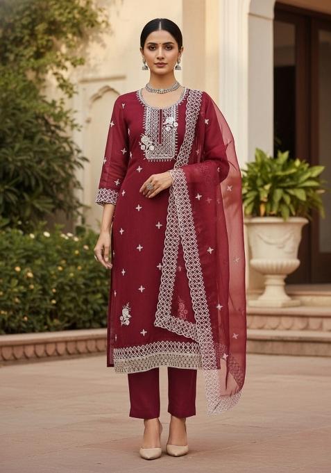 Rust Embroidered Oragnza Dress Material