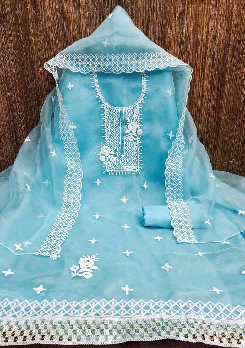 Sky Blue Embroidered Oragnza Dress Material - Indya