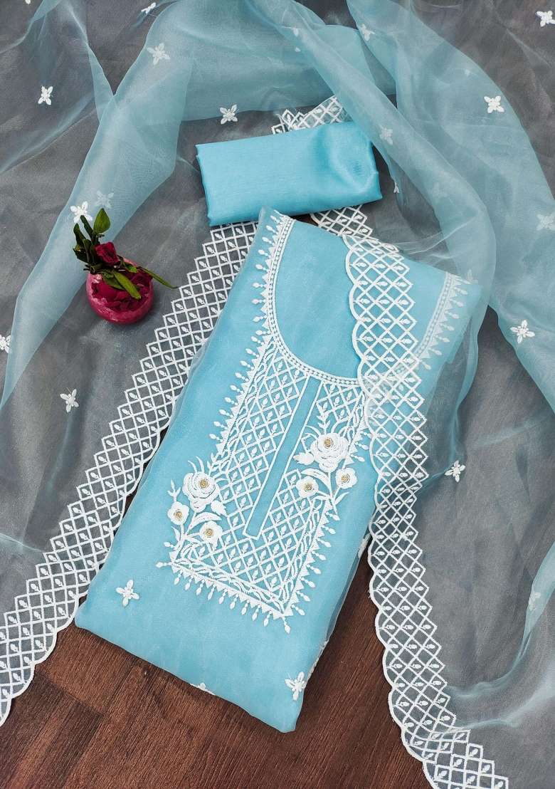 Sky Blue Embroidered Oragnza Dress Material - Indya