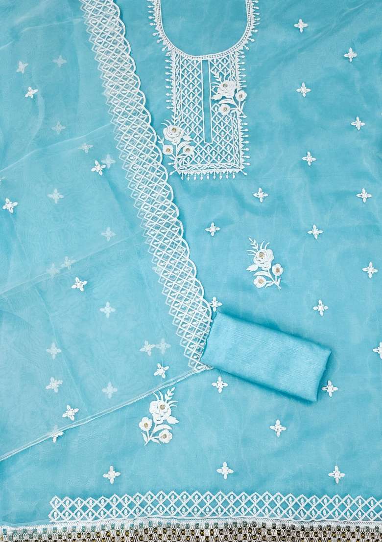 Sky Blue Embroidered Oragnza Dress Material - Indya