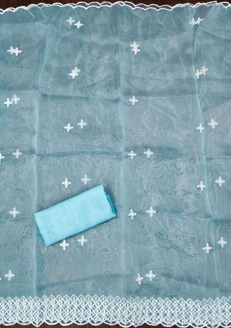 Sky Blue Embroidered Oragnza Dress Material - Indya