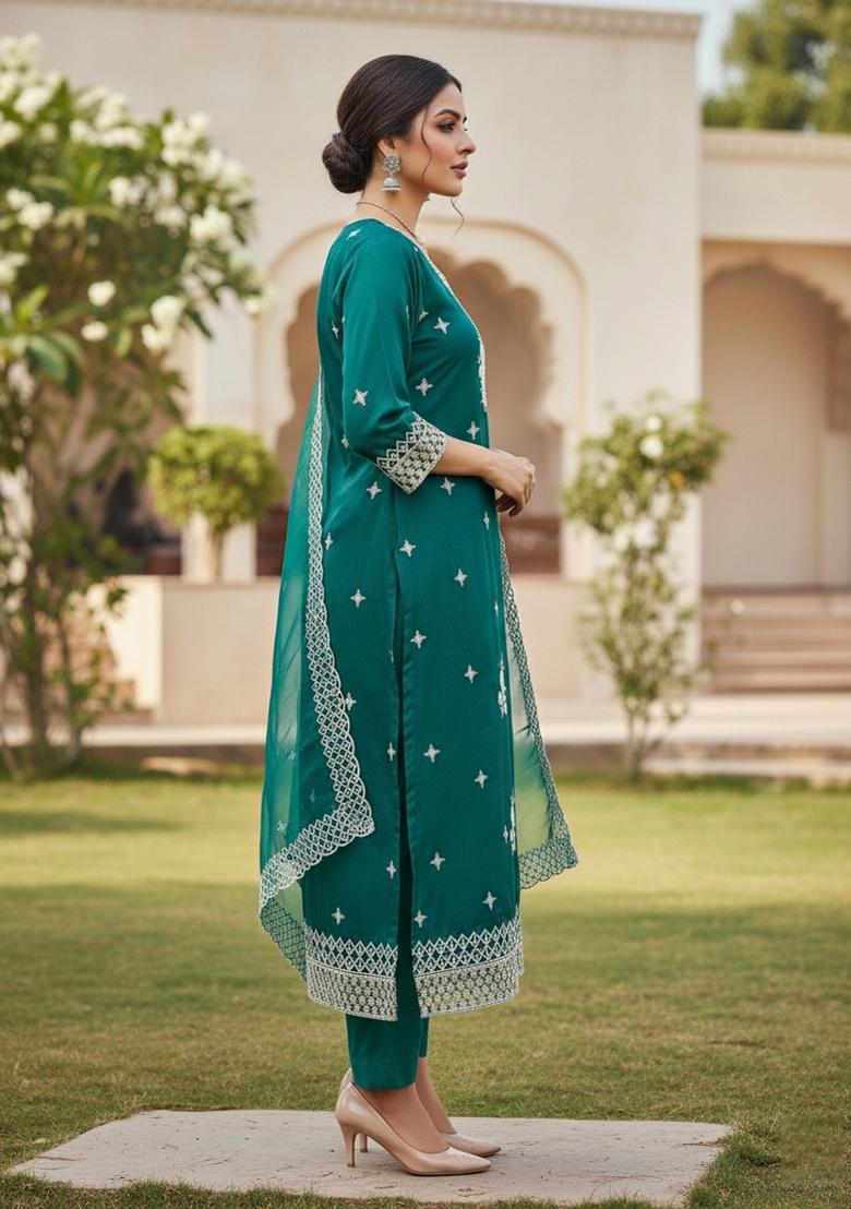 Teal Embroidered Oragnza Dress Material - Indya