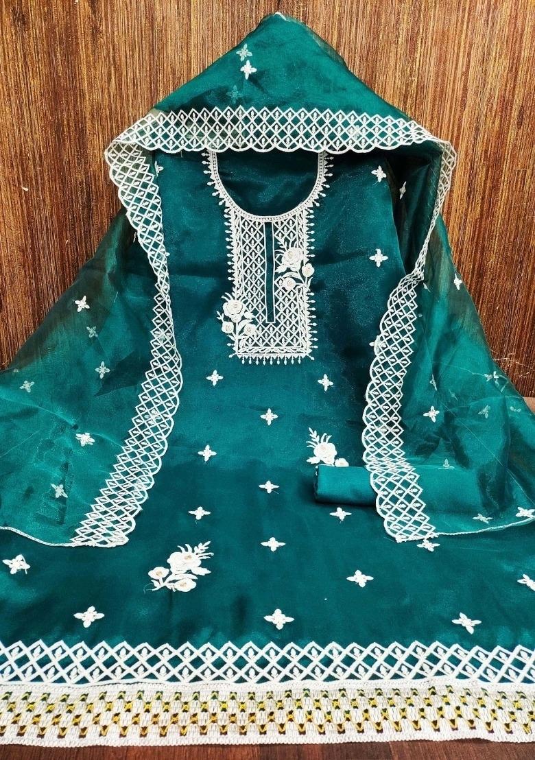 Teal Embroidered Oragnza Dress Material - Indya