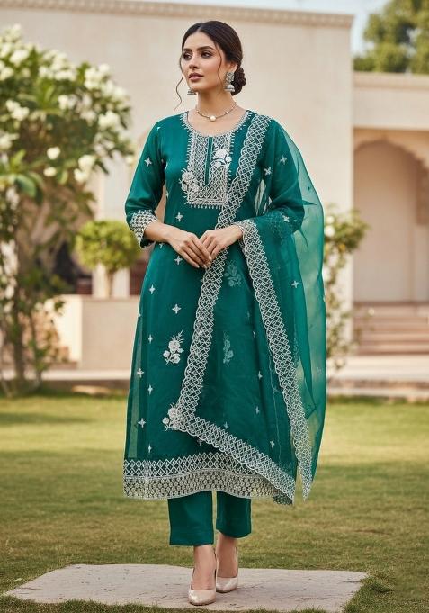 Teal Embroidered Oragnza Dress Material