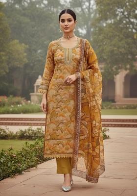 Mustard Embroidered Oragnza Dress Material
