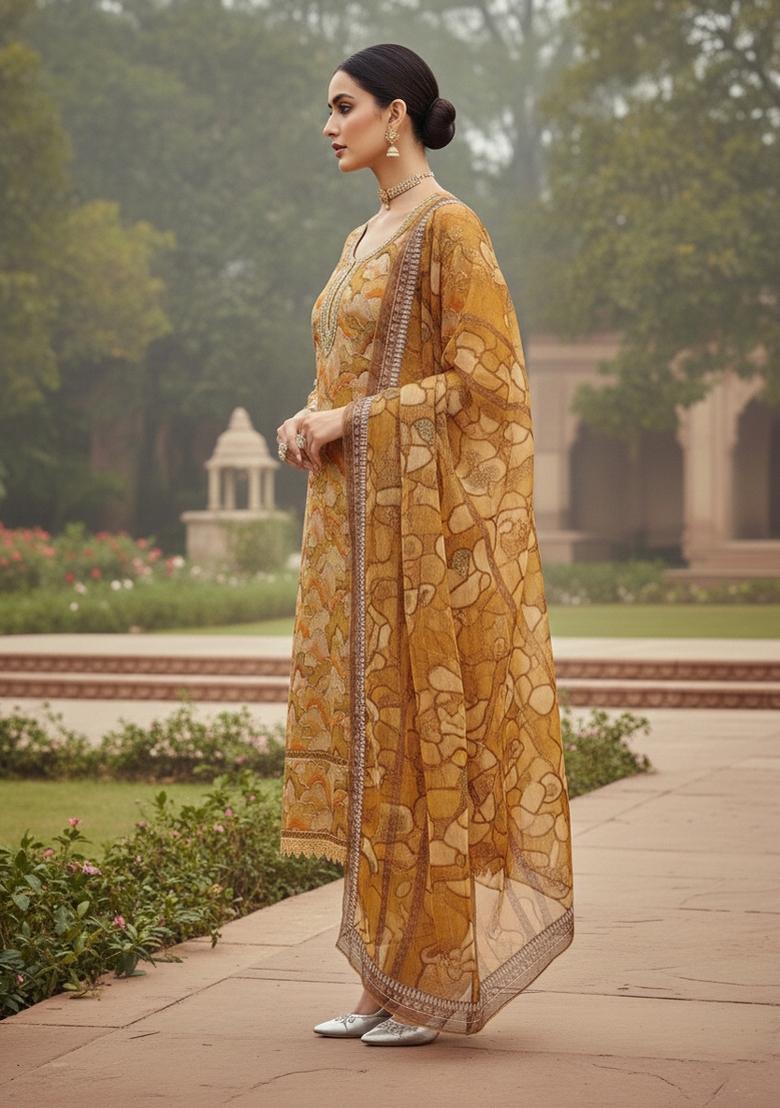 Mustard Embroidered Oragnza Dress Material - Indya