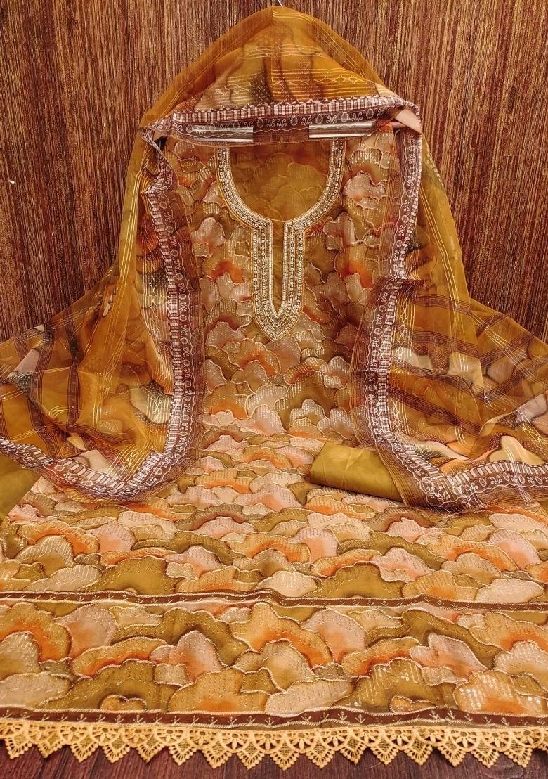 Mustard Embroidered Oragnza Dress Material - Indya