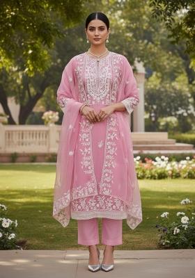 Baby Pink Embroidered Oragnza Dress Material